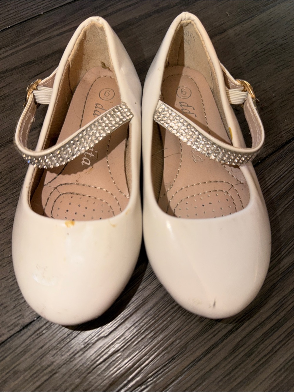 Girls Cream Mary Jane Dress Shoes with Rhinestone Strap